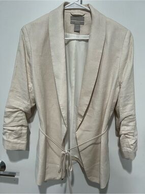 Cream linen blend blazer with tie waist